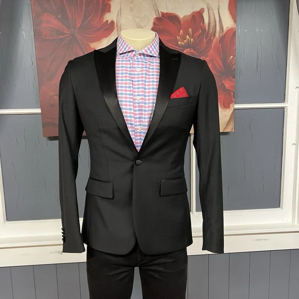 Joseph Abboud Custom Tuxedo Blazer Jacket Men 36R Slim Fit Wool Black Peak Lapel